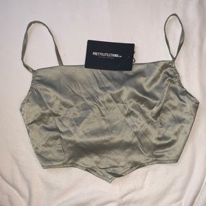 Sage satin cowl neck crop top
